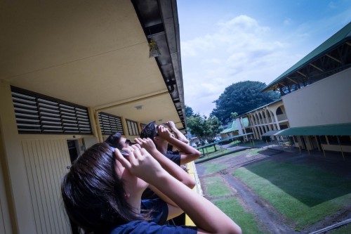 Hilo High School students turn their gaze skyward to safely view the sun through special filters.