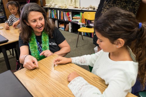 NASA SSERVI director Yvonne Pendleton used coin faces to help students visualize how the moon rotates as it orbits the Earth, keeping the same side facing the "Earth".