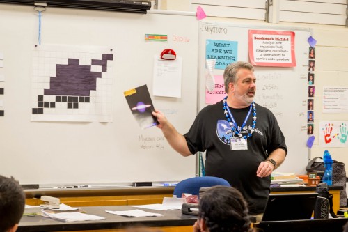 Information Systems Engineer Jerry Brower illustrated pixel resolution for students at Waiākea Intermediate School.