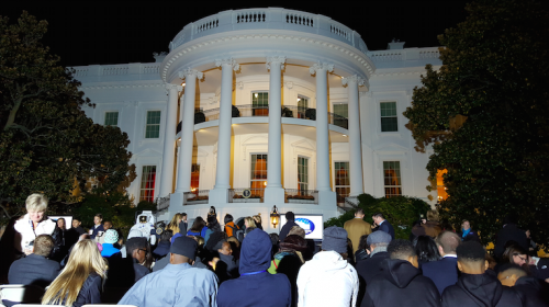 The President gave his opening remarks in front of the White House. 