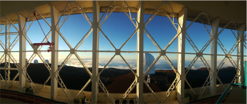 Through the criss-crossing beams of Gemini's vents I could see Haleakala, Canada-France-Hawaii Telescope, both the Keck Telescopes, and Subaru Telescope.