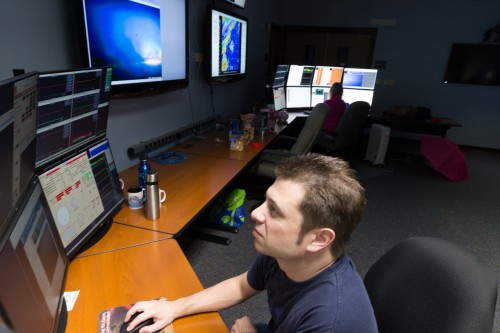 Credit: Joy Pollard, Gemini/AURA; Science Operations Specialist Michael Hoening making sure the telescope is operating as it should.